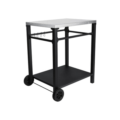 2-Tier Outdoor Grill Cart with Locking Wheels & Tool Hooks, Movable BBQ Prep Table, Rolling Serving Bar Cart for Patio, Backyard, Pizza Oven Stand, Black