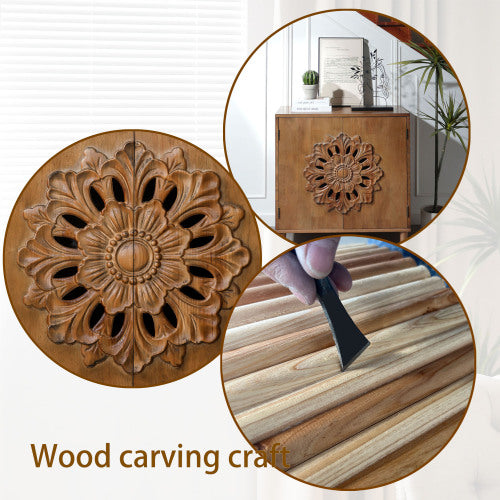 Rustic Hand-Carved Floral 2-Door Wooden Cabinet Bohemian Style Solid Wood Leg Storage Sideboard For Home Decor