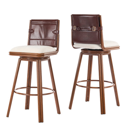 Indoor Upholstered Swivel Bar Stool with Metal Frame, Walnut Finish and Beige Upholstery, Set of 2