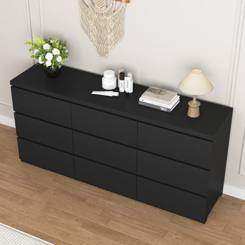 9 Drawer Dresser with No Handle Design, Modern Black Matte Wood Dresser for Bedroom, Storage Chest of Drawers for Living Room, Hallway, Entryway