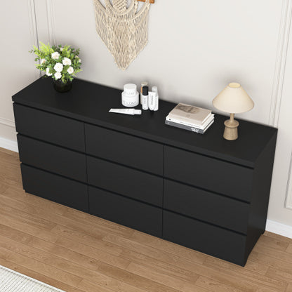 9 Drawer Dresser with No Handle Design, Modern Black Matte Wood Dresser for Bedroom, Storage Chest of Drawers for Living Room, Hallway, Entryway