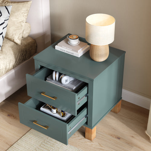 Blue Fluted Nightstand, 2-Drawer Bedside Table with Metal Handles & Solid Wood Legs