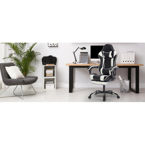 Gaming Chair with Footrest, Ergonomic Computer Chair with Headrest and Lumbar Support, Breathable Material Height Adjustable Video Game Chairs for Adults, Black White