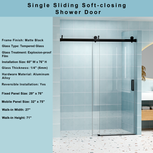 56" - 60" (W) x 76" (H) Frameless Soft-closing Shower Door, 1/4" (6mm) Tempered Glass Single Sliding with Explosion-proof Coating, Matte Black 24D01-60MBX