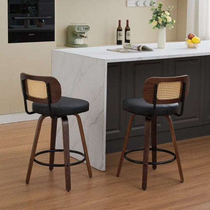 Set of 2 Counter Height Bar Stools - 26 inch Rattan Counter Height Stools with Cane Back, Upholstered Seat, Walnut Craftsmanship, Swivel Counter Stools for Island/Kitchen/Counter/Bar (Walnut Black)