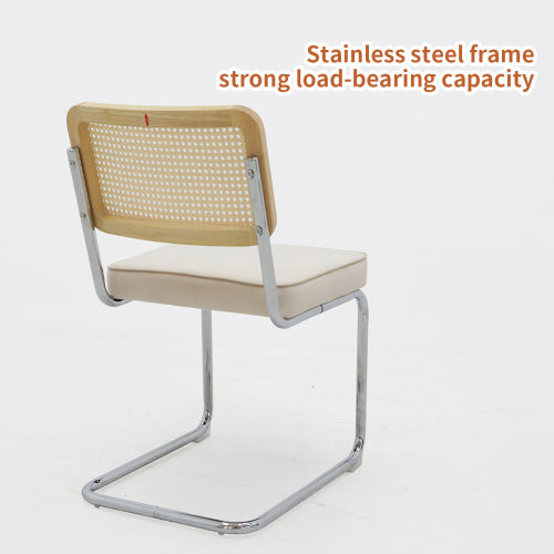 Set of 2 Champagne Velvet Rattan Cantilever Dining Chairs, Chrome Tubular Steel Breuer Stackable Side Chairs