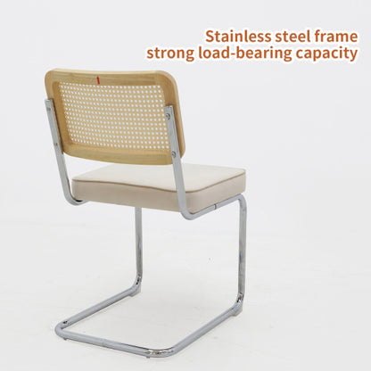 Set of 2 Champagne Velvet Rattan Cantilever Dining Chairs, Chrome Tubular Steel Breuer Stackable Side Chairs
