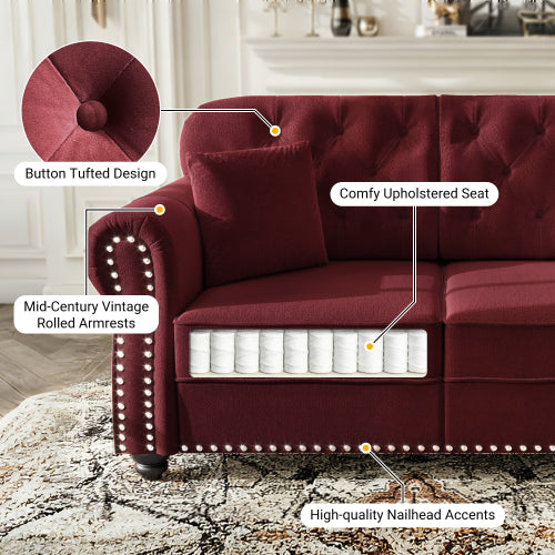 41.3 inch  Burgundy Velvet Mid-Century Sofa,Nailhead Trim & 1 Pillow