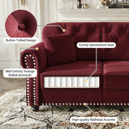 41.3 inch  Burgundy Velvet Mid-Century Sofa, Nailhead Trim & 1 Pillow