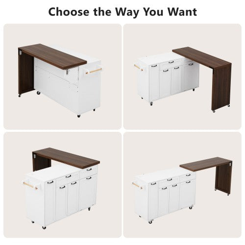 102 Inch Kitchen Island with Extendable Dining Table & Trash Storage White