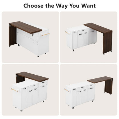 102 Inch Kitchen Island with Extendable Dining Table & Trash Storage White