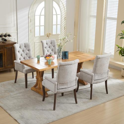 Upholstered Chenille Arm Dining Chair, Tufted Accent Chair with Curved Solid Wood Legs, Beige, Single Pack
