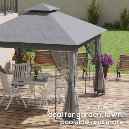 10' x 11.5' Metal Patio Gazebo, Double Roof Outdoor Gazebo Canopy Shelter with Tree Motifs Corner Frame and Netting, for Garden, Lawn, Backyard, and Deck, Gray