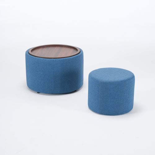 Blue 2-Piece Linen Nesting Storage Ottoman Set, Round Foot Stool with Wood Tray, Fully Assembled 396 LBS