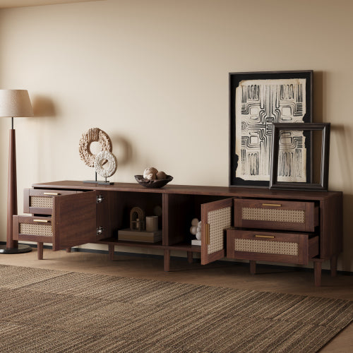 78.7 inch Dark Brown PE Rattan TV Stand 4 Drawers Soft Close Hinges For 85 Inch TV