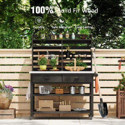 K&K 64.9"H Outdoor Potting Bench Table with Lockable Wheels, Solid Wood Outdoor Kitchen Island with Upper Hutch, Stainless Steel Top, Towel Rack ,Outdoor Storage for Grilling, Lawn Garden -Black