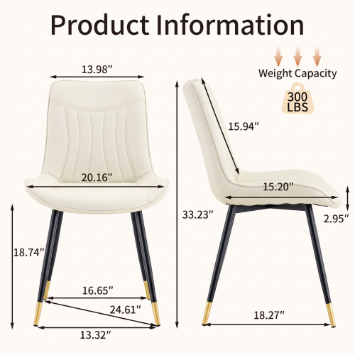 Dining Chairs Set of 4, White PU Tech Fabric, Black Metal Legs, Gold Accents, High Back