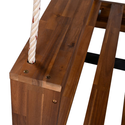 Twin Size Porch Swing Bed Seating Group, Patio Acacia Wood Swing Frame with Hemp Ropes for Garden, Backyard, Natural