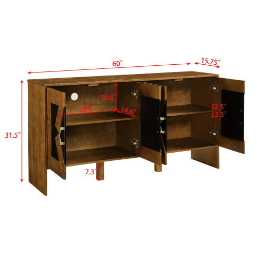 60 inch Mid Century Modern Sideboard Buffet Cabinet with Storage, TV Media Console, Storage Cabinet with Geometric Pattern & Adjustable Shelves for Kitchen Dining Living Room Entryway Hallway, Walnut