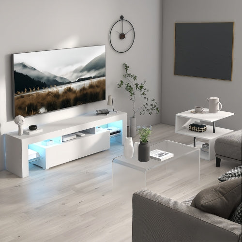 51 Inch High Gloss White LED TV Stand with Flip Door & Glass Shelf for 55 Inch TV