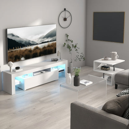 51 Inch High Gloss White LED TV Stand with Flip Door & Glass Shelf for 55 Inch TV