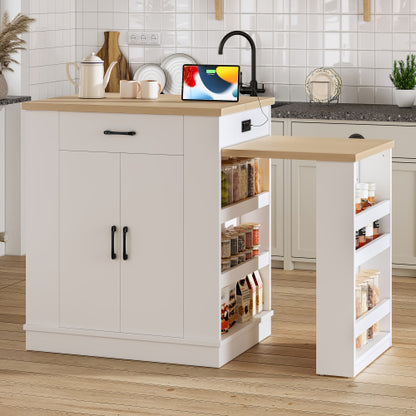 Extendable island console with drawers, double-door cabinet, and open shelving. Serves as dining table, temporary breakfast bar, and afternoon tea lounge,White