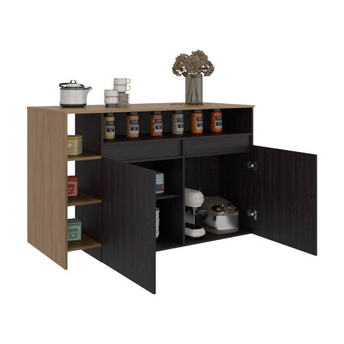 Kitchen Bar Counter with Ample Storage and Shelves, Black Wengue / Natural Oak