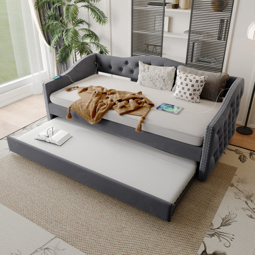 Twin Size Upholstered Daybed with Trundle and USB Charging Design, Sturdy Wood Slat Support, Wood Bed Frame for Bedroom/Guestroom/Dorm,Plush Velvet Fabric,Gray