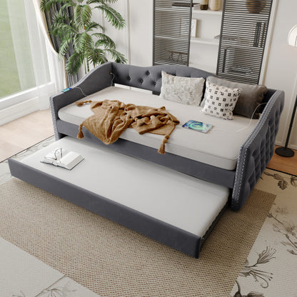 Twin Size Upholstered Daybed with Trundle and USB Charging Design, Sturdy Wood Slat Support, Wood Bed Frame for Bedroom/Guestroom/Dorm,Plush Velvet Fabric,Gray