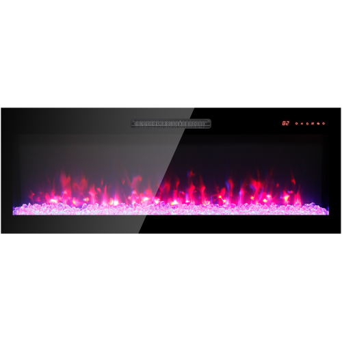 50 inch recessed ultra thin tempered glass front wall mounted electric fireplace with remote and multi color flame & emberbed, LED light heater