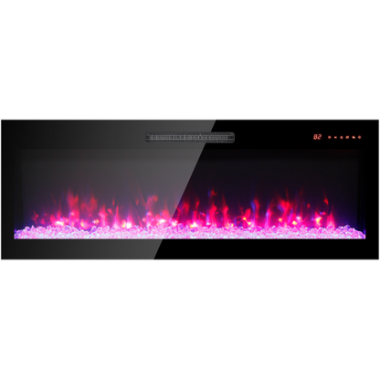 50 inch recessed ultra thin tempered glass front wall mounted electric fireplace with remote and multi color flame & emberbed, LED light heater