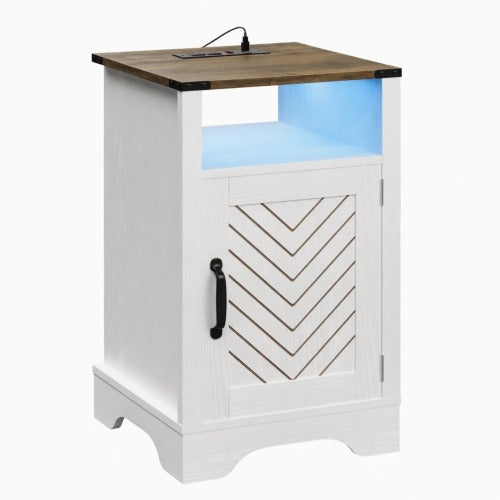 LED Nightstand with Charging Station, White & Rustic Oak Farmhouse Bedside Table 16inch x 16inch x 25inch
