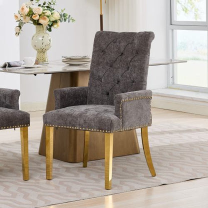 Tufted Chenille Dining Armchair with Nailhead Trim and Steel Legs, Gray