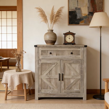 Light Gray-Washed Wood Farmhouse Barn-Door Storage Cabinet, Coffee Bar Buffet Sideboard with Drawer for Kitchen & Living Room