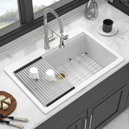 Quartz Kitchen Sink - 33" x 22" x 9.65" White granite composite Workstation Drop-in kitchen sink