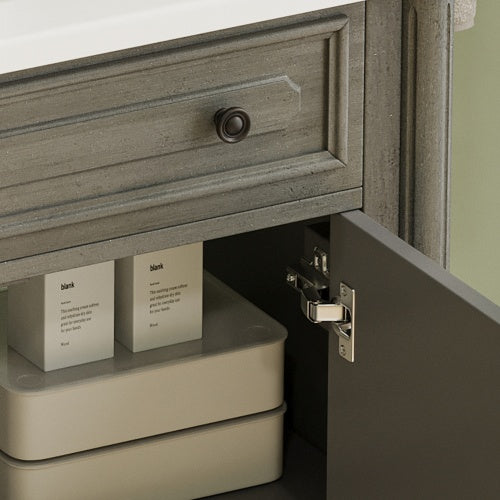 31" Vintage Bathroom Vanity with Sink, Rustic Bathroom Cabinet with Soft Close Doors and Adjustable Shelf, Curved Profile Design, Rubber Wood Legs, Gray