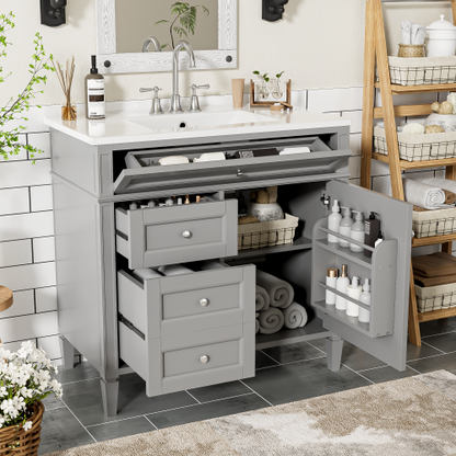 36'' Bathroom Vanity with Top Sink, Modern Bathroom Storage Cabinet with 2 Drawers and a Tip-out Drawer, Single Sink Bathroom Vanity