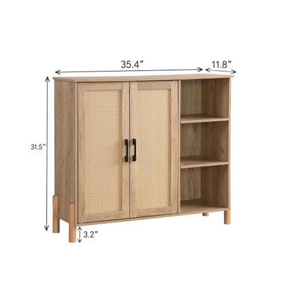 Mid Century Rattan Storage Cabinet with Open Shelves