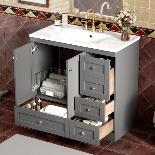 36 inch Shaker Style Free-Standing Bathroom Vanity Cabinet with Ceramic Sink, 4 Soft-close Drawers and 2 Soft-close doors
