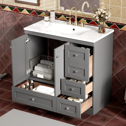 36 inch Shaker Style Free-Standing Bathroom Vanity Cabinet with Ceramic Sink, 4 Soft-close Drawers and 2 Soft-close doors