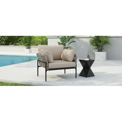 36" Beige Iron Lounge Chair with Rope Weave Design and Plush Cushions, Perfect for Indoor and Outdoor Relaxation