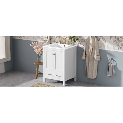 24-inch bathroom vanity with integrated undermount basin and a storage cabinet featuring 2 doors and 1 drawer. Includes double-layer door shelf, soft-close design, and versatile storage solutions