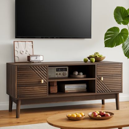 43.31 Inch Walnut Mid-Century Grille Door TV Stand Solid Wood Leg Media Console for 45 Inch TV