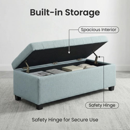 49.75 inch Baby Blue Polyester Tufted Storage Ottoman Bench, 300 LBS Wooden Leg Footrest with Safety Hinge