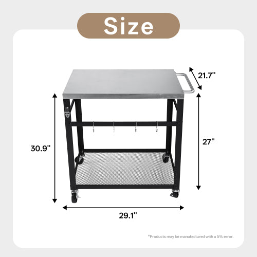 2-Tier Outdoor Grill Cart with Stainless Steel Top, Locking Wheels & Tool Hooks, Movable BBQ Prep Table with Mesh Shelf, Rolling Serving Bar Cart for Patio, Backyard, Pizza Oven Stand, Black