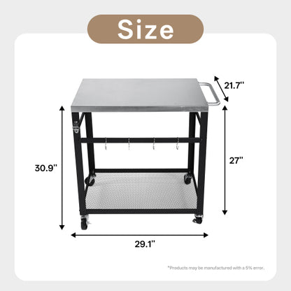 2-Tier Outdoor Grill Cart with Stainless Steel Top, Locking Wheels & Tool Hooks, Movable BBQ Prep Table with Mesh Shelf, Rolling Serving Bar Cart for Patio, Backyard, Pizza Oven Stand, Black