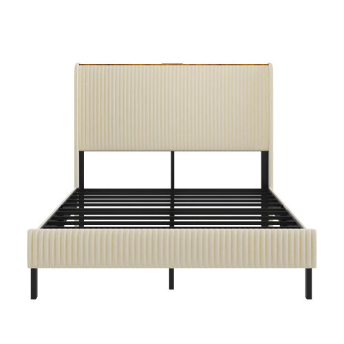 Queen Size Platform Bed , Metal Bed Frame with Charging Station, No Box Spring Needed, (Beige), Noise Free,Easy Assemble.