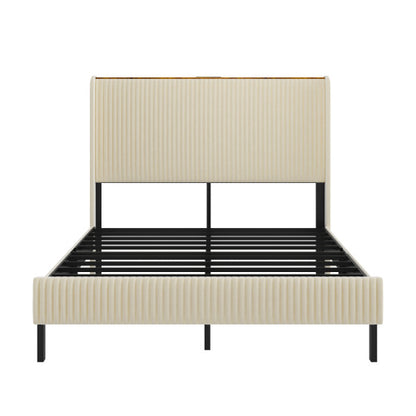 Queen Size Platform Bed , Metal Bed Frame with Charging Station, No Box Spring Needed, (Beige), Noise Free,Easy Assemble.