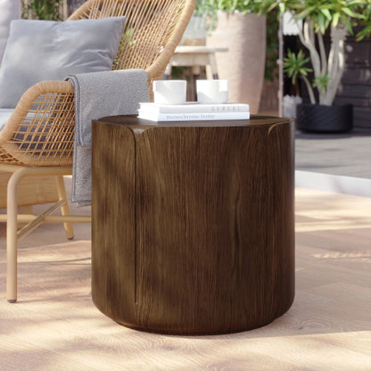 19.29"H Round Outdoor Indoor Side Table, Modern Wood Grain Patio Garden Stool, Sturdy MGO (Magnesium Oxide) Waterproof, No-Assembly Table for Patio, Garden, Backyard, Living Room (Brown)