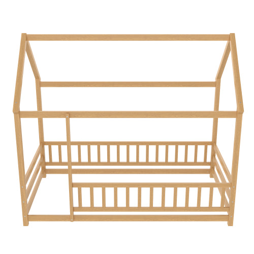 Twin Size Floor Wooden Bed with House Roof Frame, Fence Guardrails,Natural